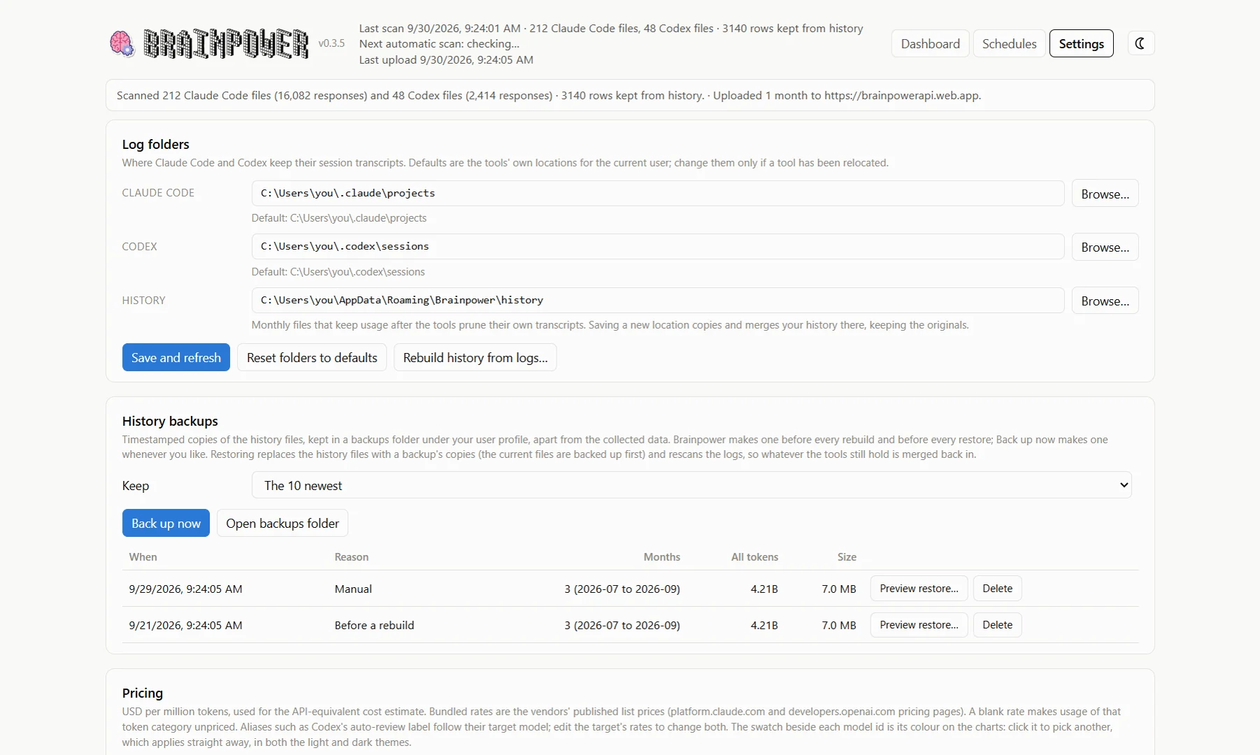 The Settings tab: log folders, per-model pricing with colour swatches, startup options and cloud sync